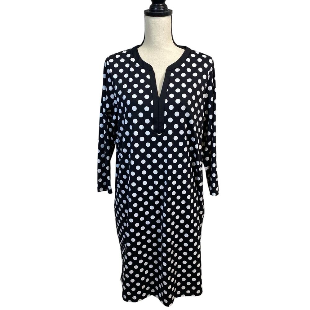Lands’ End Black and White Polka Dot 3/4 Sleeve Dress Large